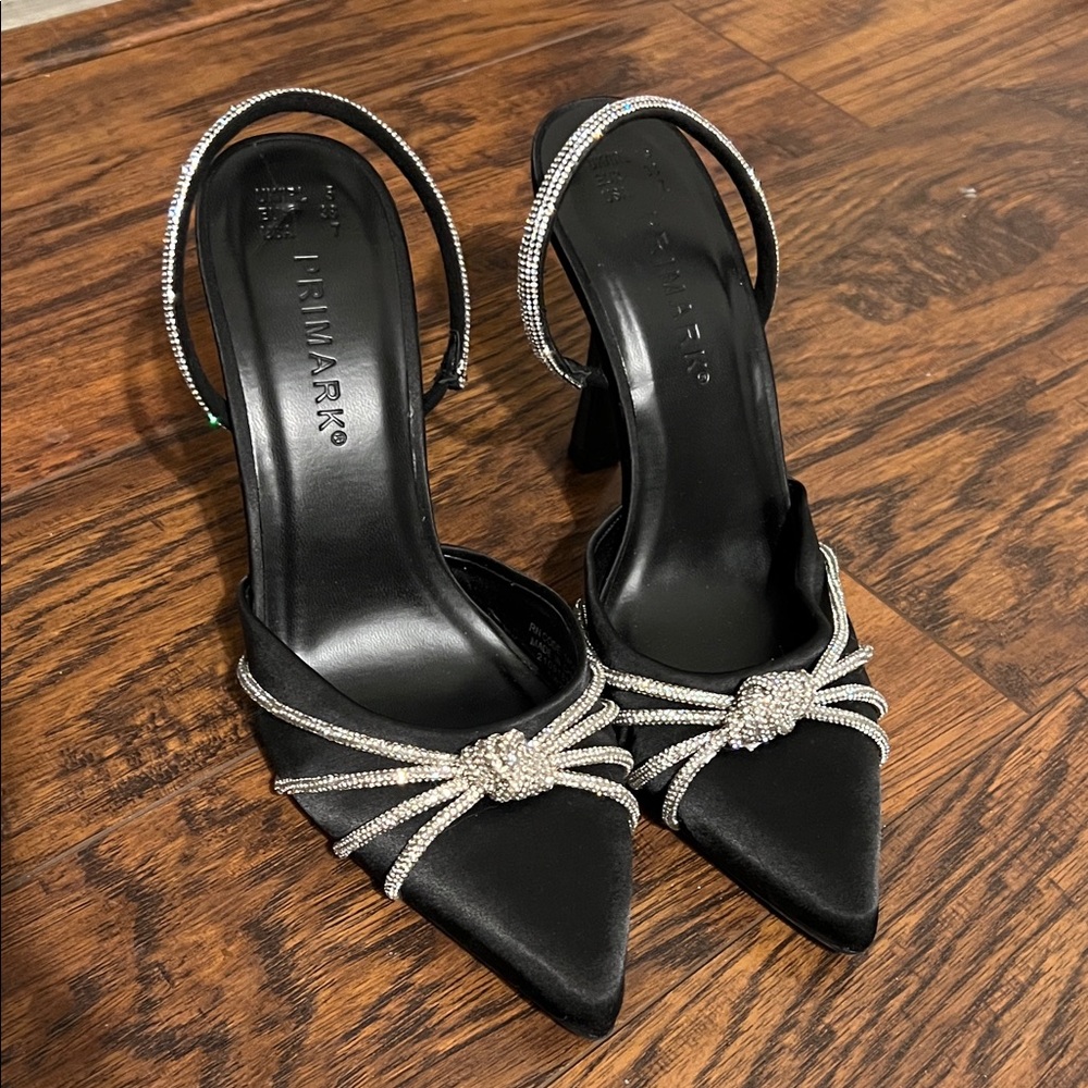 PRIMARK Black Heels with Silver Rhinestone Detail